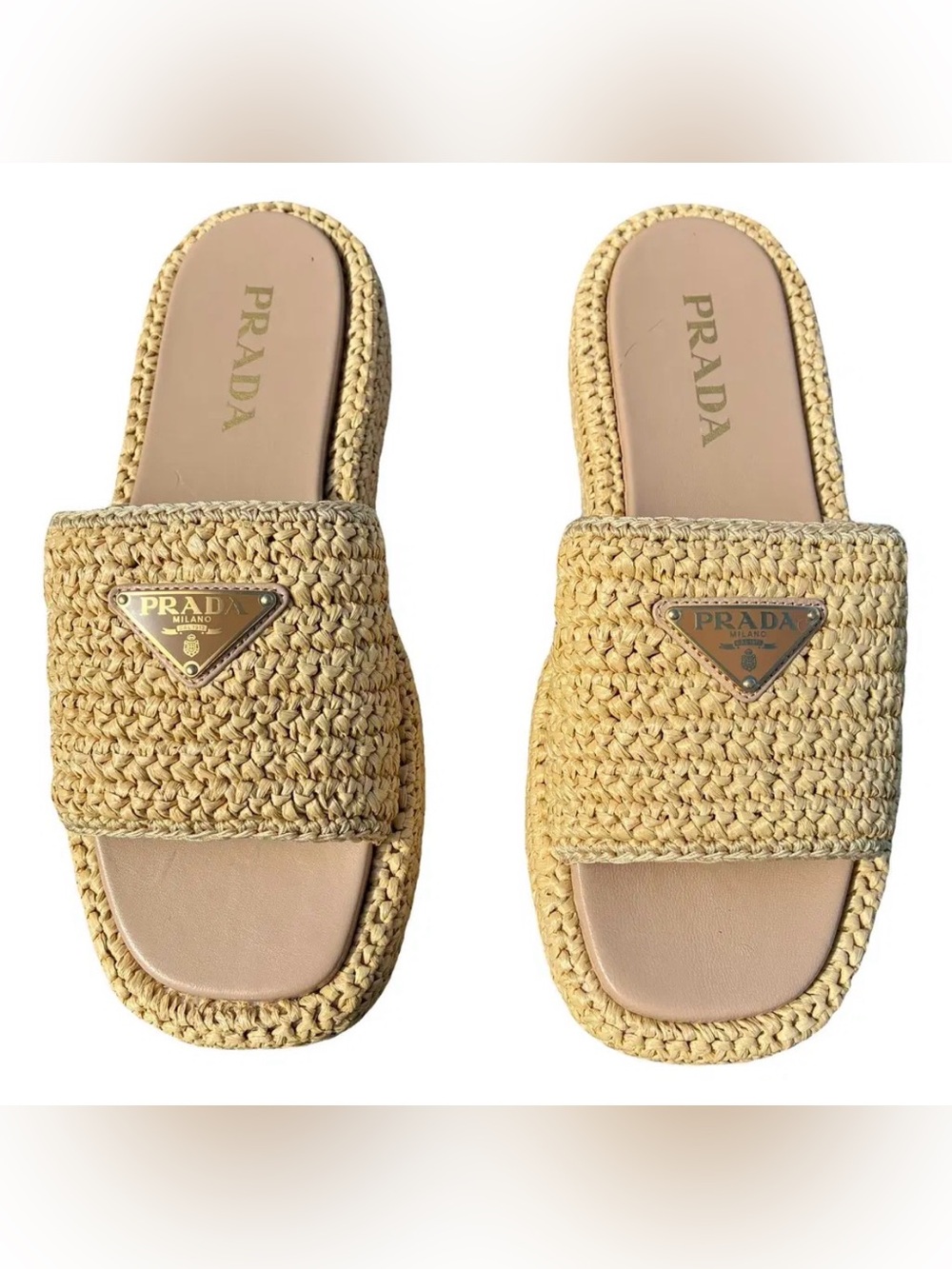 Prada Natural Beige Woven Raffia Slide Sandals